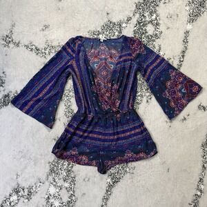 American Eagle Outfitters Romper Womens Sz S Blue Floral Print 3/4 Bell Sleeves